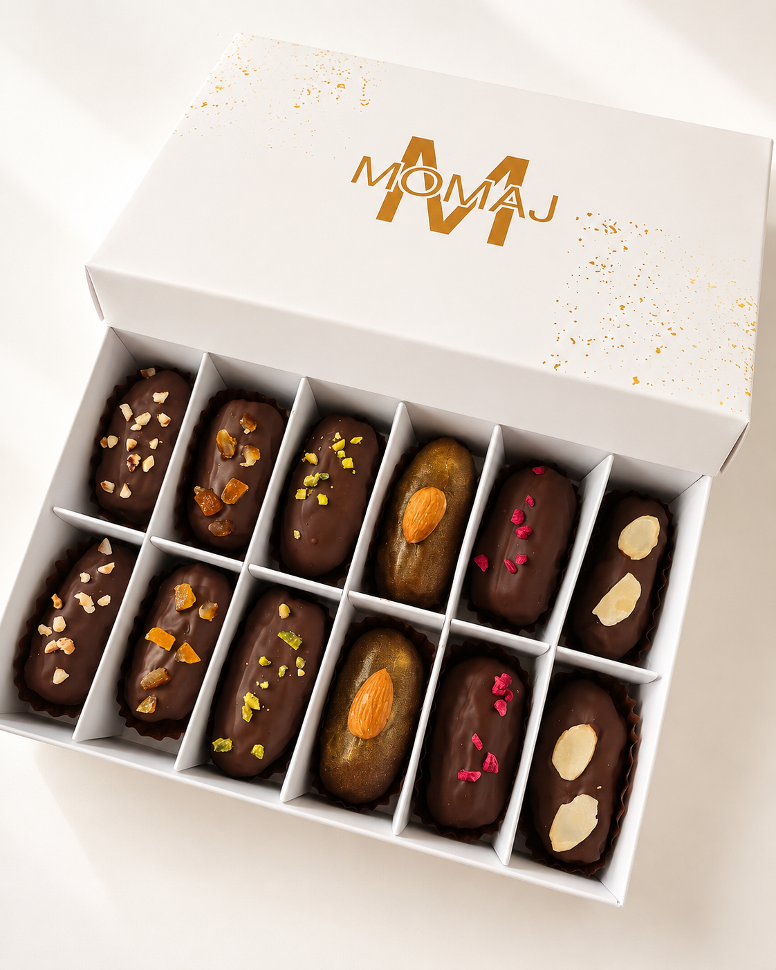 12 luxury dates coated in chocolate